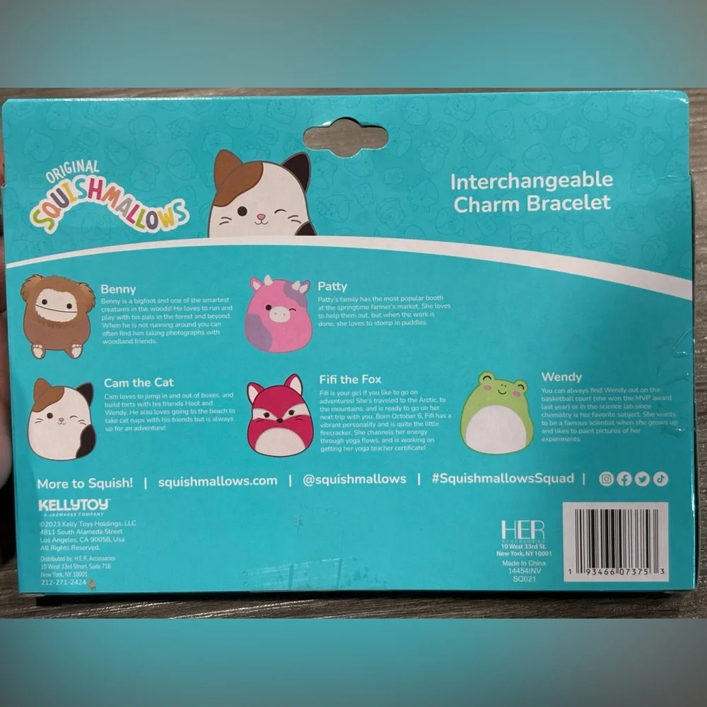Squishmallows Charm Bracelet Set 5 Charms Kids, Benny Patty‎ Fifi Wendy Cat